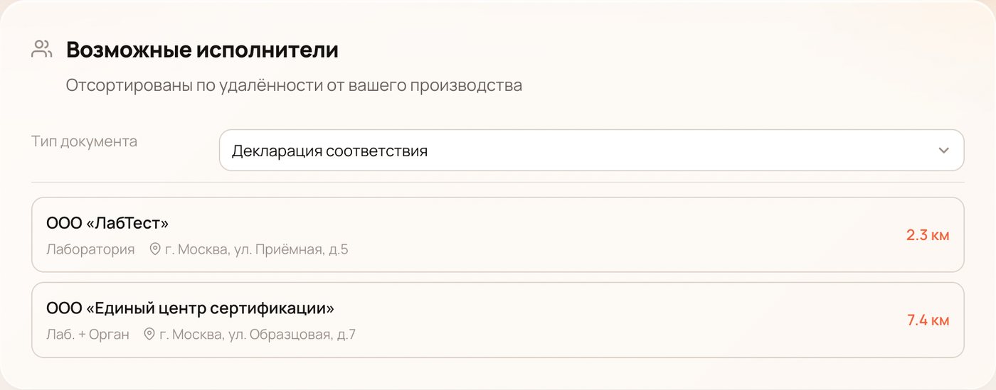 Шаг «Проверка»: список возможных исполнителей из реестра, отсортированных по удалённости от производства
